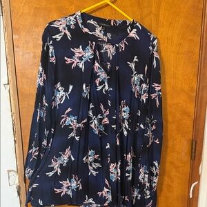 Lane Bryant Navy Floral Pleated Long-Sleeve Blouse